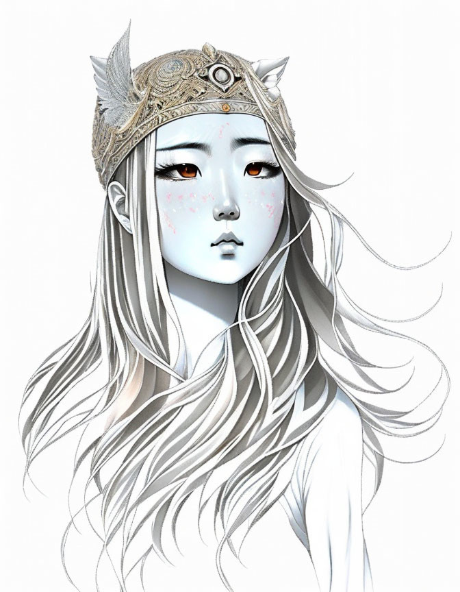 Pale girl with long white hair and intricate crown and delicate freckles.