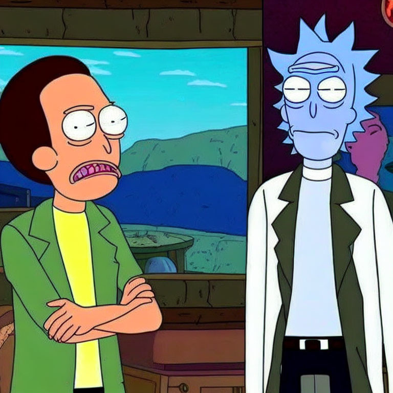 Animated characters: Nervous character in green shirt with disheveled scientist in blue hair