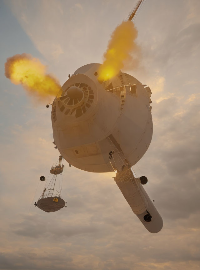 Steampunk airship with fiery engines in cloudy sky