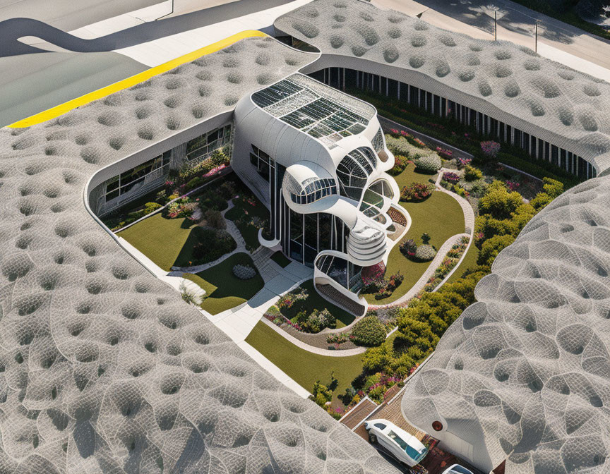 Modern building with organic rooftop garden near road and vehicle