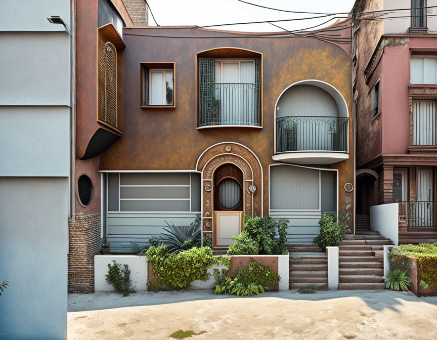 Rust-Colored Façade and Curved Windows on Unique House