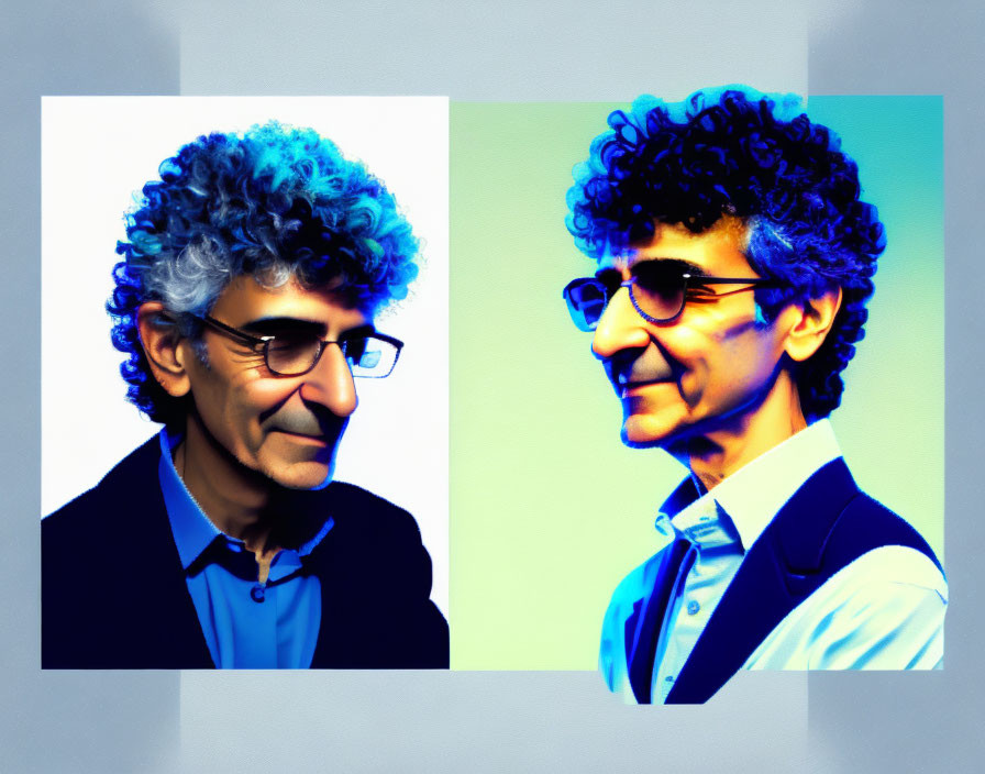 Stylized portraits of a curly-haired man with glasses in blue hues, side by side on gradient