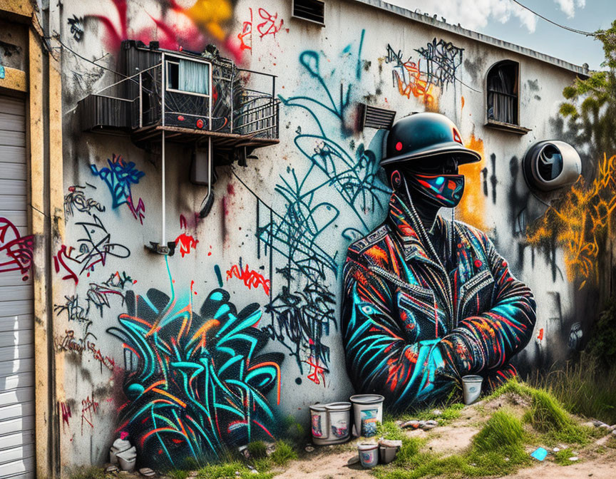 Colorful graffiti artwork featuring person with motorcycle helmet, vibrant tags, and balcony.