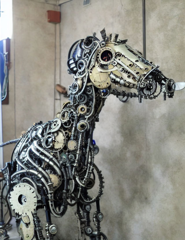 Metallic Horse Sculpture Made from Gears, Chains, and Cogs on Display