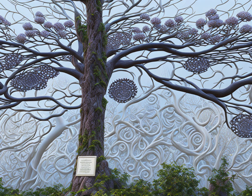 Digital art: Lavender tree with intricate branches on swirly background and placard