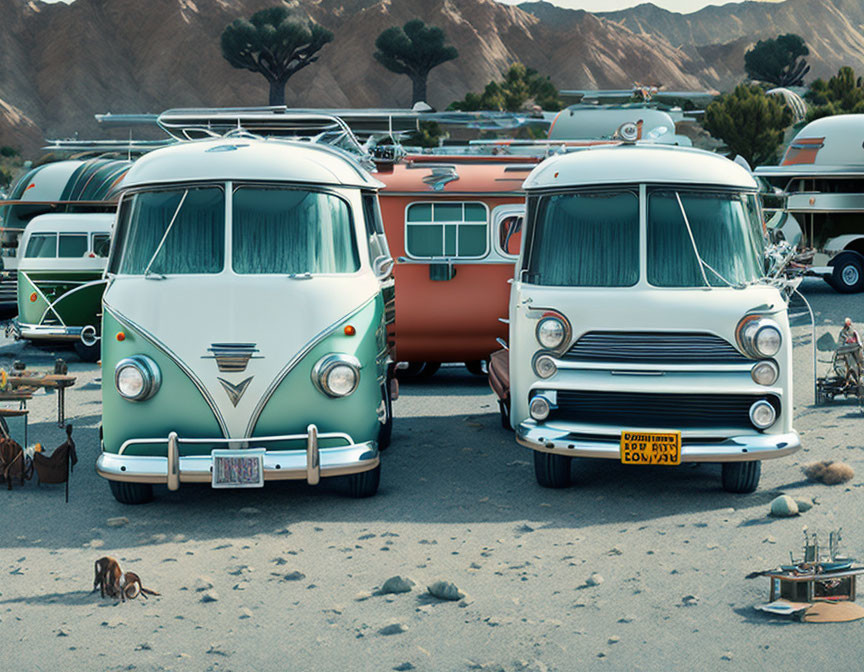 Vintage Vans and Retro Trailers in Desert Landscape with Classic Design Elements