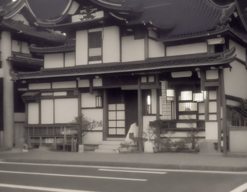 Sepia-Toned Photograph of Traditional Japanese Building with Curved Rooftops