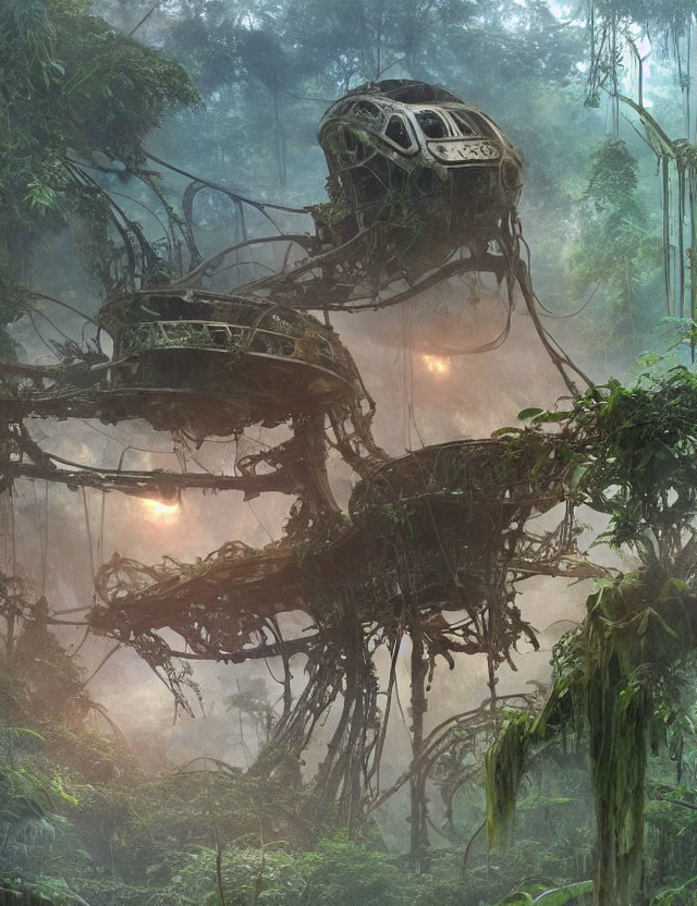 Abandoned roller coaster covered in vines in misty forest