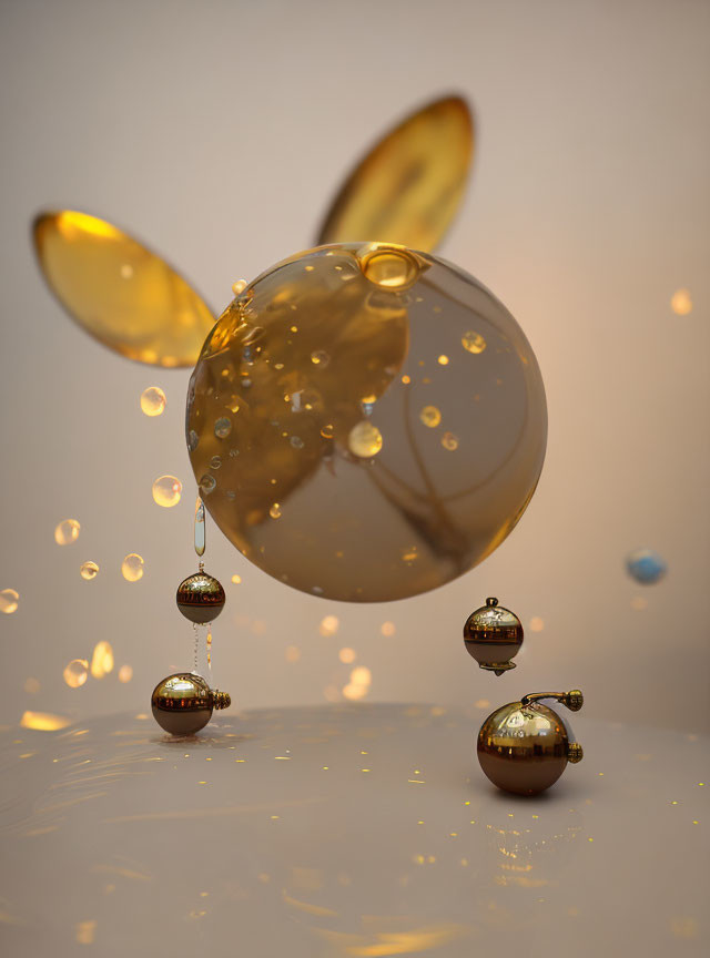 Translucent bubble with golden ears above reflective surface