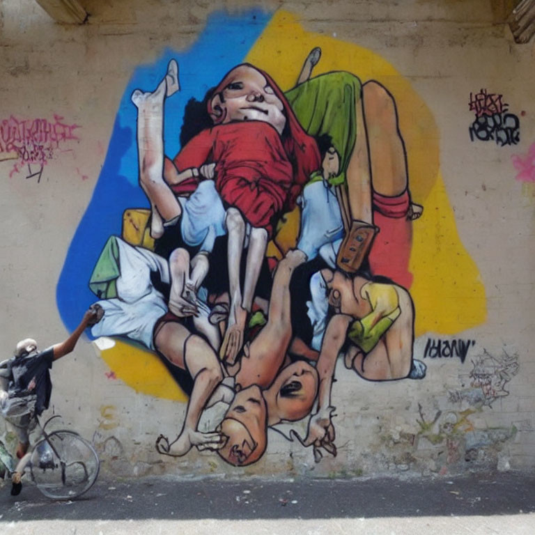 Colorful street art mural featuring giant baby dolls on blue and yellow background