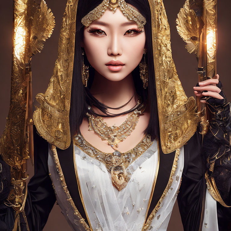 Regal Woman in Golden Headgear and White-Gold Attire with Staff