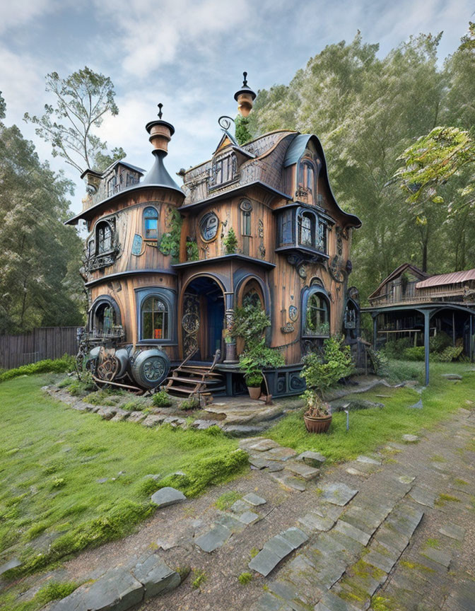Ornate wooden house with turrets in lush greenery