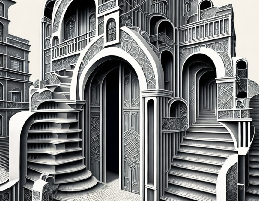 Detailed black and white illustration of fantastical architectural structure