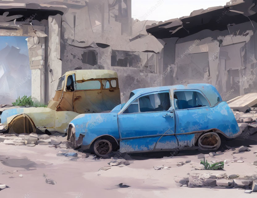 Digital painting of abandoned blue car and yellow van in post-apocalyptic scene