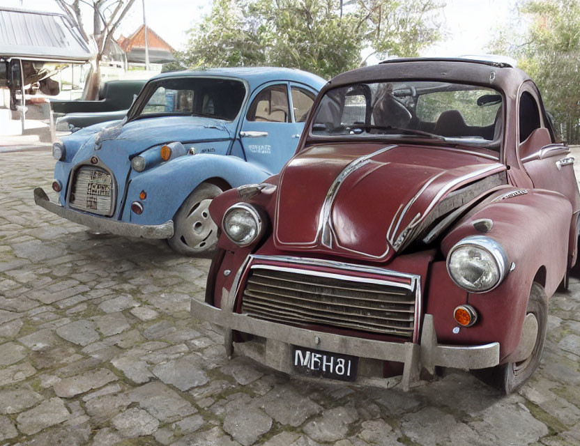 Vintage Blue and Red Citroën 2CV Cars on Cobblestone with Greenery