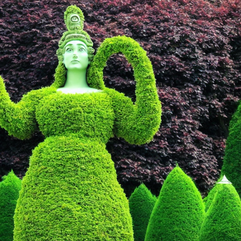 Detailed Woman Topiary Sculpture with Greenery Dress and Headpiece on Dark Foliage