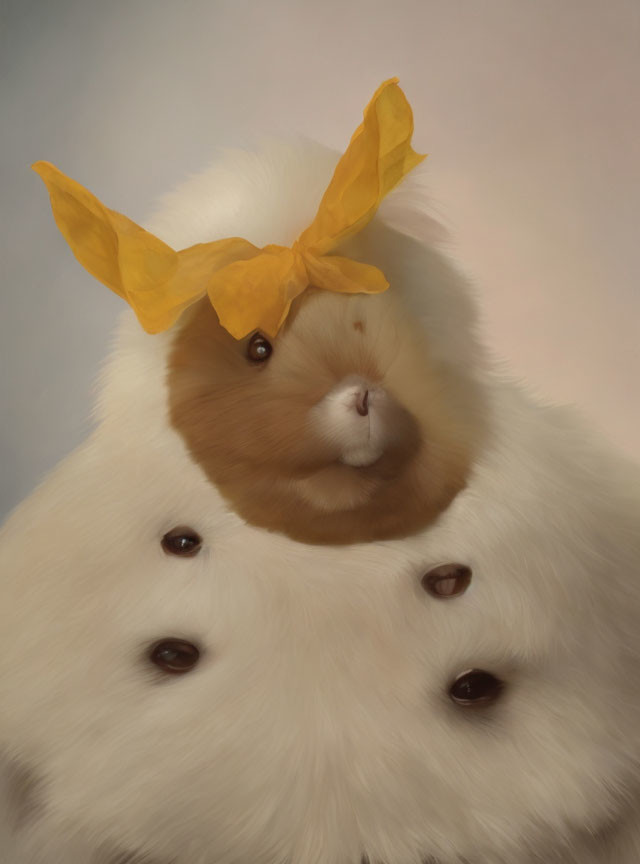 Yellow Bow Guinea Pig in Fluffy White Coat with Buttons