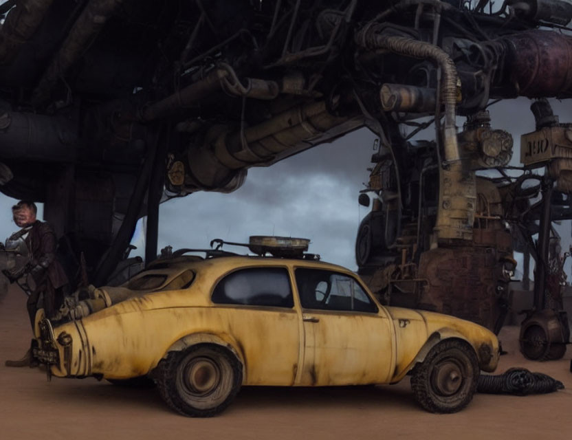 Dystopian-style yellow vehicle driving in barren landscape