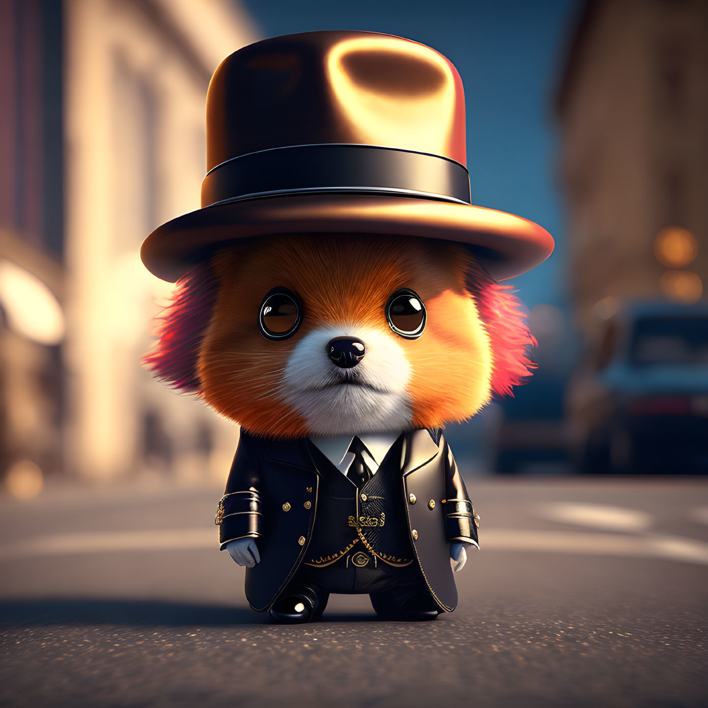 Anthropomorphic Fox in Suit and Bowler Hat on City Street