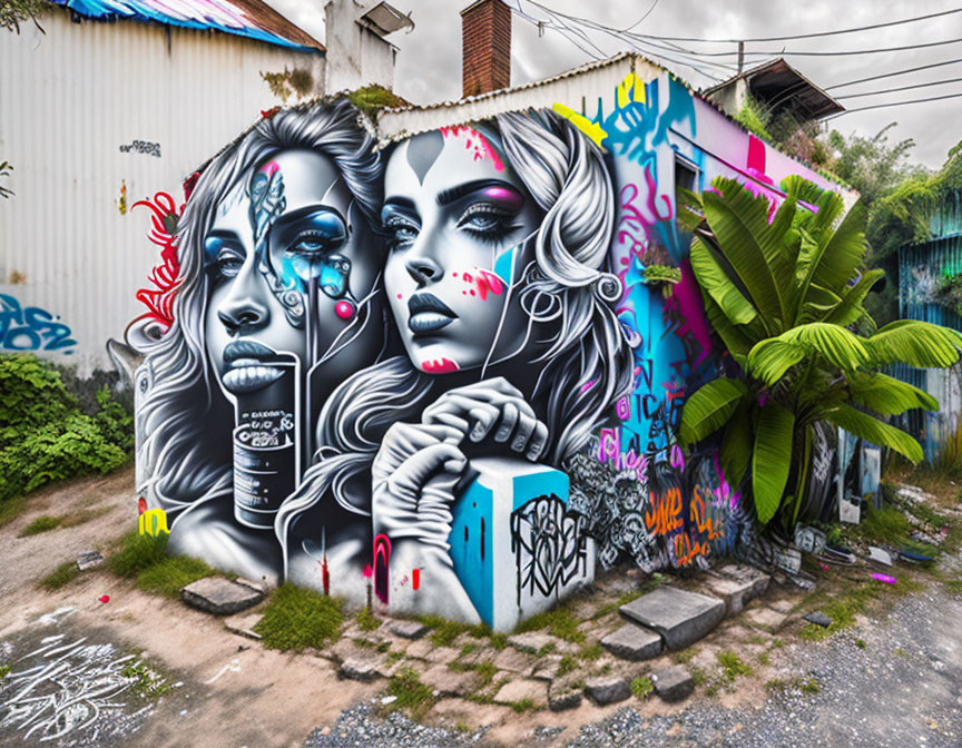 Colorful urban mural featuring stylized female faces and green plant
