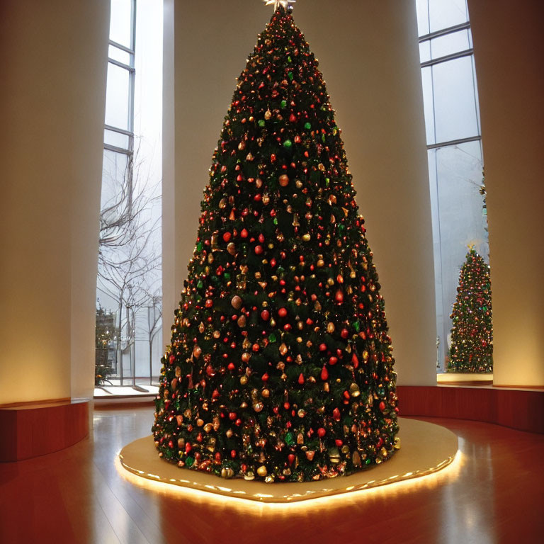 Festive indoor Christmas tree with lights and ornaments