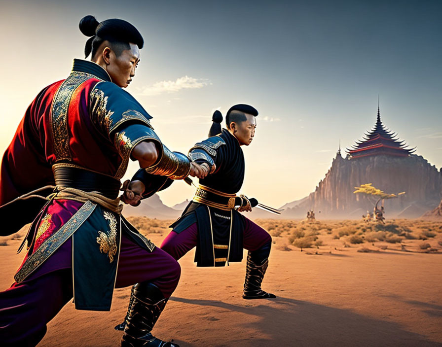Traditional martial artists in combat stance in desert with dramatic spired structure