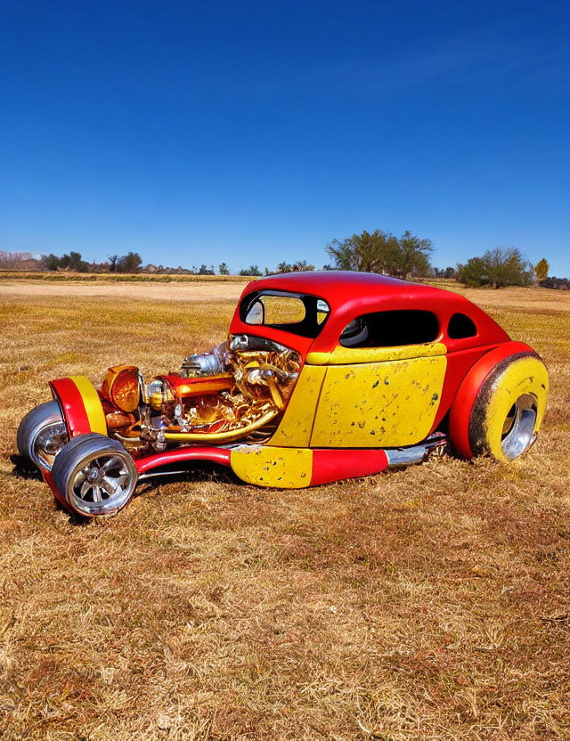 Classic Hot Rod with Red and Yellow Design on Grass Field