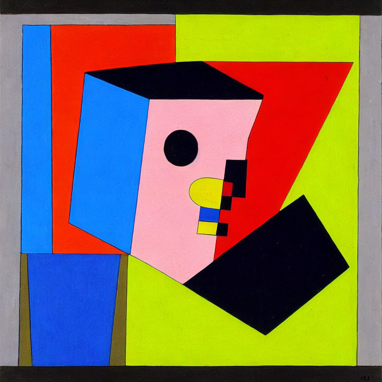 Geometric Abstract Painting of Stylized Face in Blue, Red, Yellow, and Black