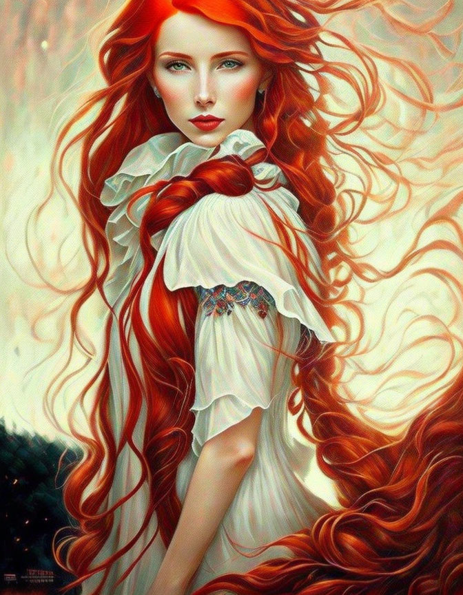 Digital artwork of a woman with red hair, green eyes, white blouse, and corset