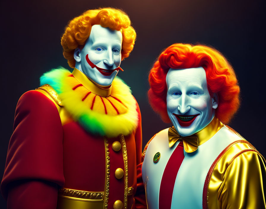 Colorful Clowns in Red Hair and White Makeup Smiling