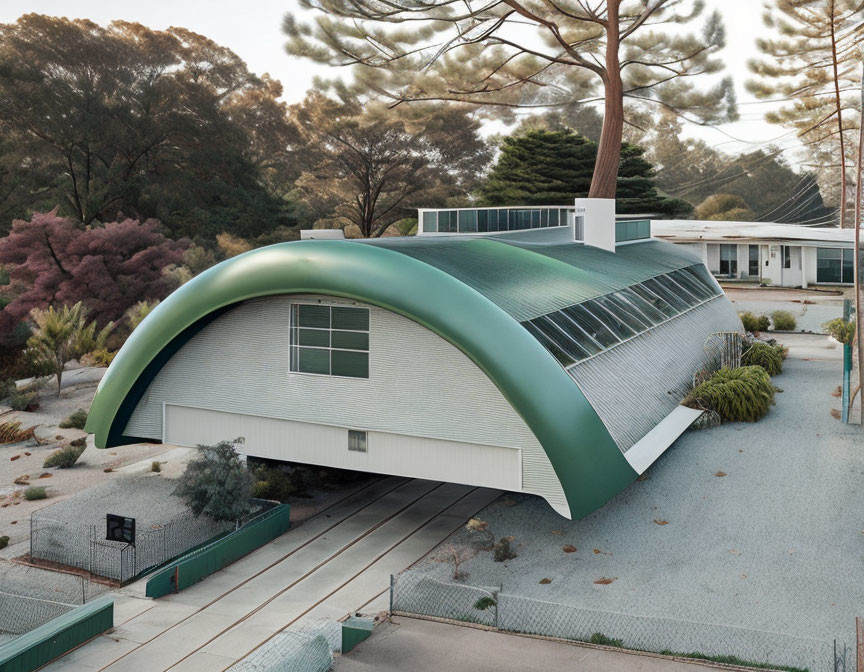 Modern green building with arched design, solar panels, trees, and clear sky.