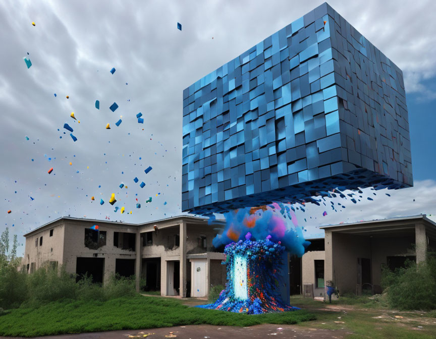 Surreal floating blue cube building with colorful explosive base above abandoned ground structures under scattered papers in the