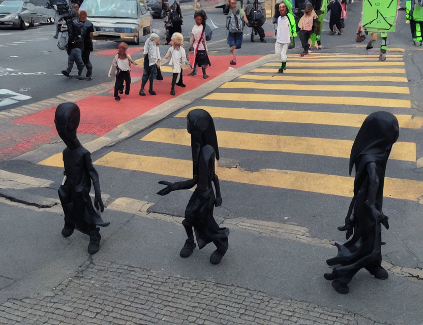 Exaggerated Costumed Figures Crossing Street in Cityscape