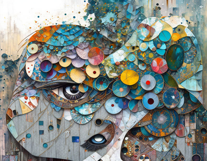 Abstract mosaic artwork featuring face-like design in vibrant blues, browns, and golds