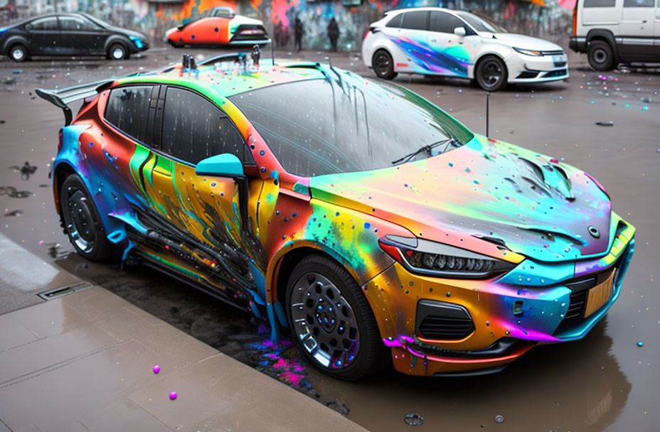 future cyberpunk car sprayed with paint splashes