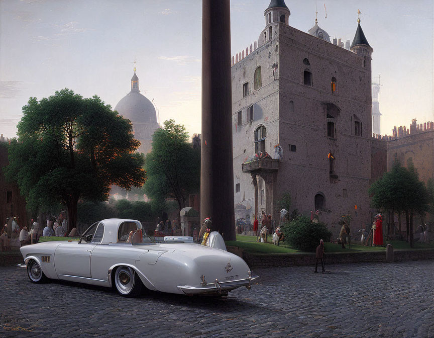 Vintage Car Parked in Front of Medieval Castle with People in Period Attire at Dusk