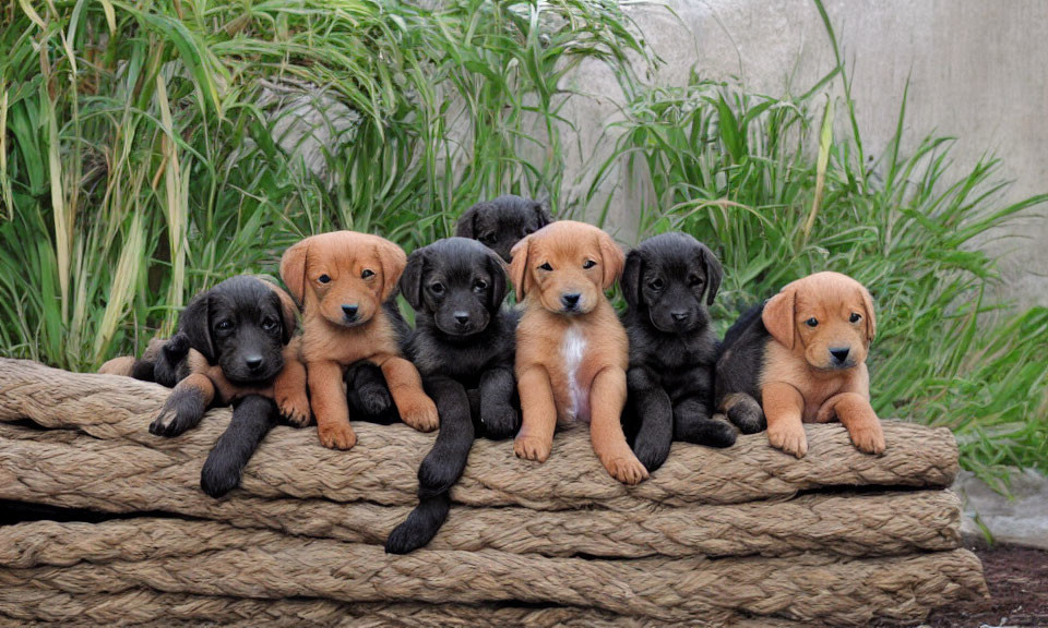 Six adorable brown and black fur puppies on rope bed with green plant and grey wall