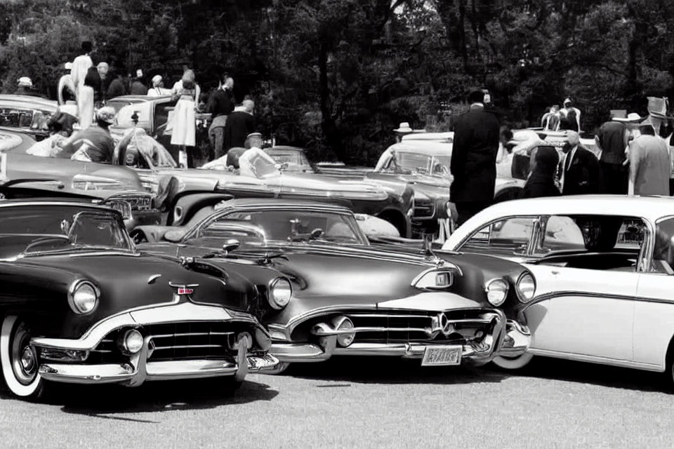 Vintage Car Show: 1950s Classic Cars and People Mingling