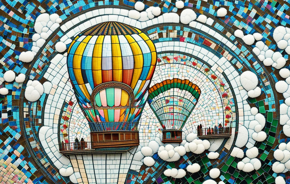Vibrant hot air balloon mosaic with fluffy cloud patterns