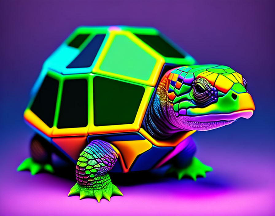 Vibrant digital art: Turtle with neon patterned shell on gradient backdrop