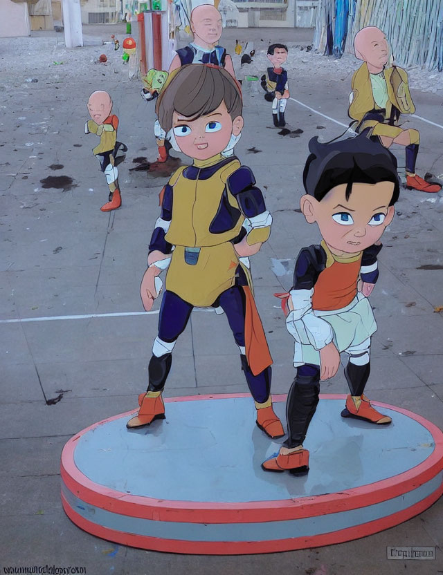 Animated characters resembling Dragon Ball Z fighters as children in realistic playground setting.