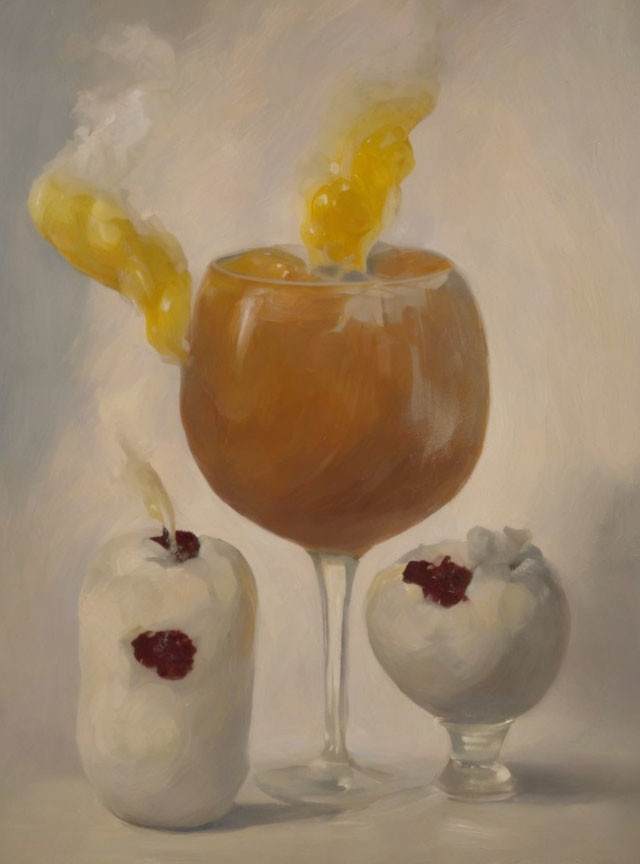Still Life Painting: Cocktail with Citrus Twist and Berry Desserts in Soft Colors