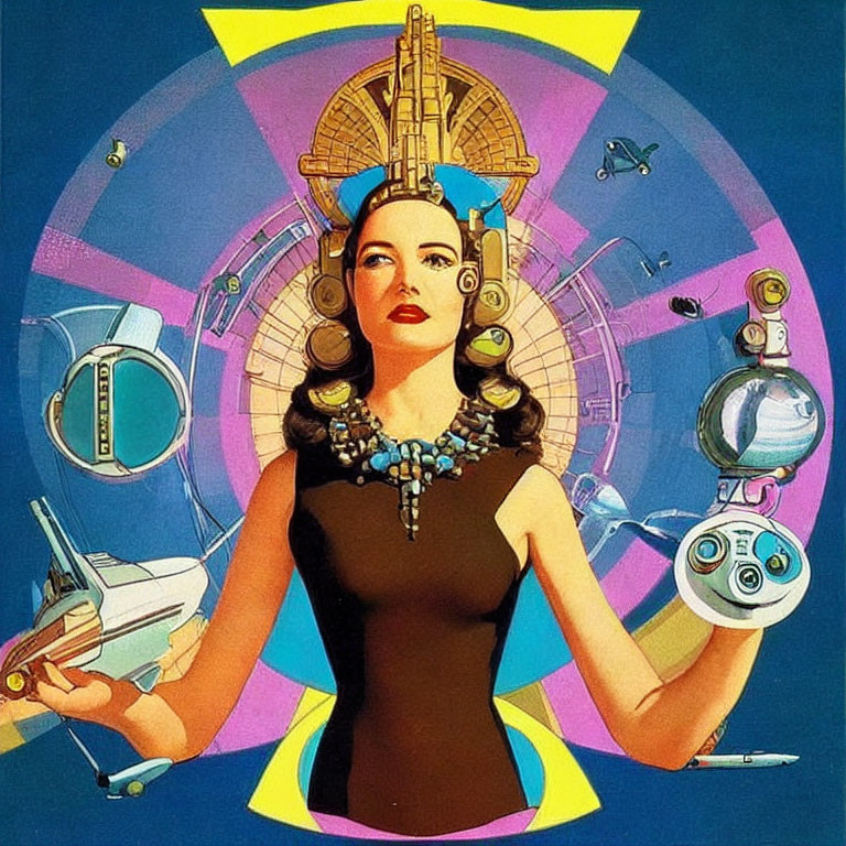 Stylized retro-futuristic woman with sci-fi robot, spacecraft, and technological halo.