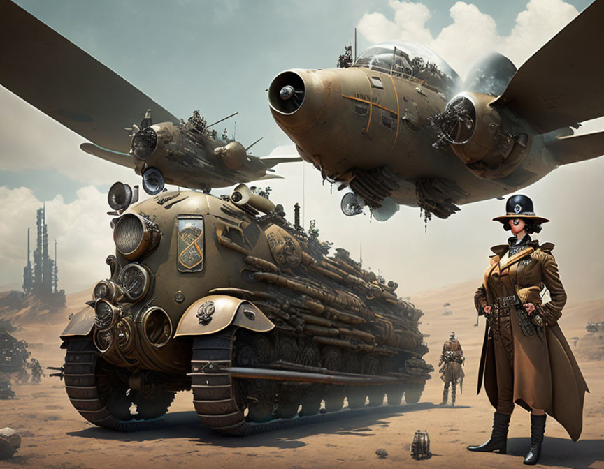 Person in trench coat and military cap with futuristic tank and helicopter in desert setting