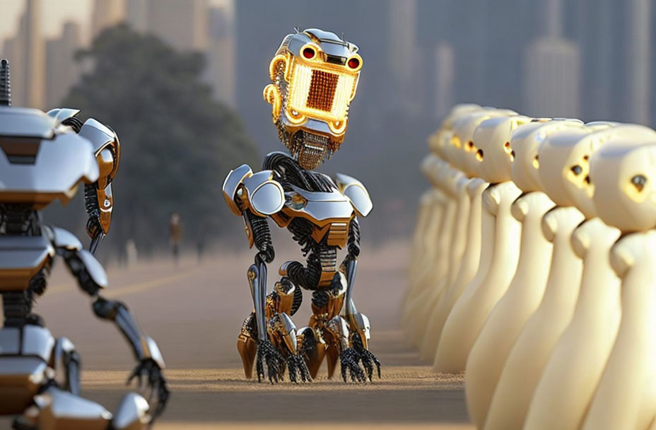 Gold-headed robot stands out in line of white robots