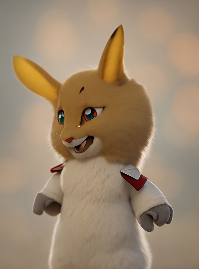 Yellow and White Fox-Like Creature with Big Ears and Blue Eyes wearing Red and White Collar