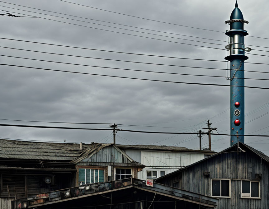 Ornate blue minaret towers over weathered buildings under gloomy sky