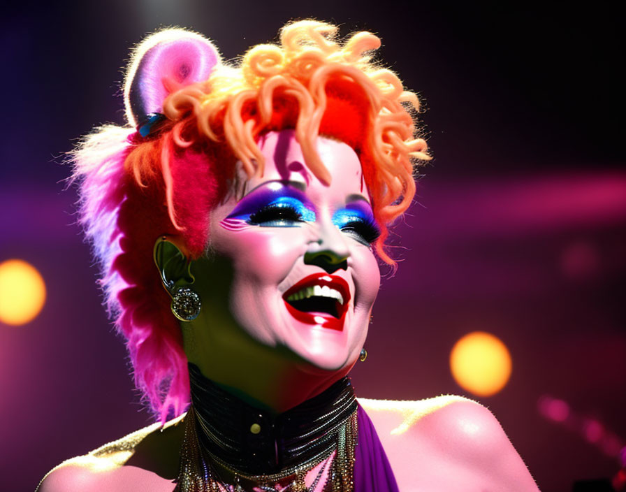 Vibrant orange hair performer on purple stage