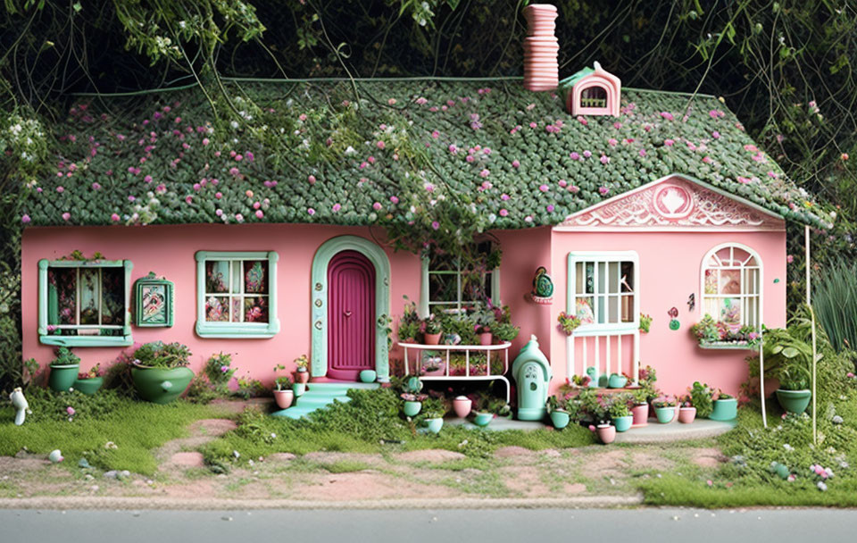 Pink house with green roof and garden decorations