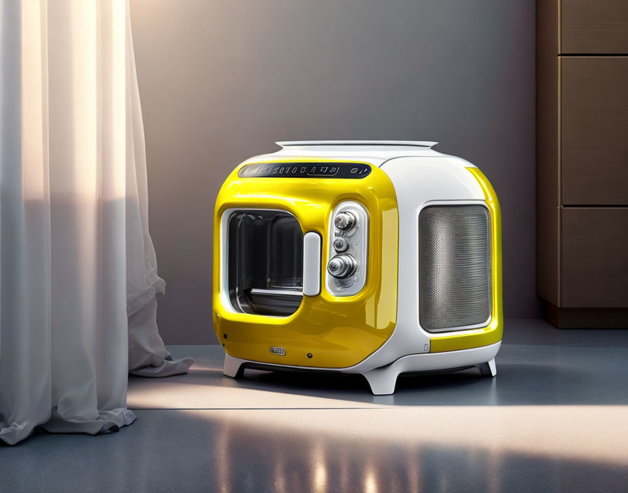 Yellow and White Portable Washing Machine Near Window with Sheer Curtain